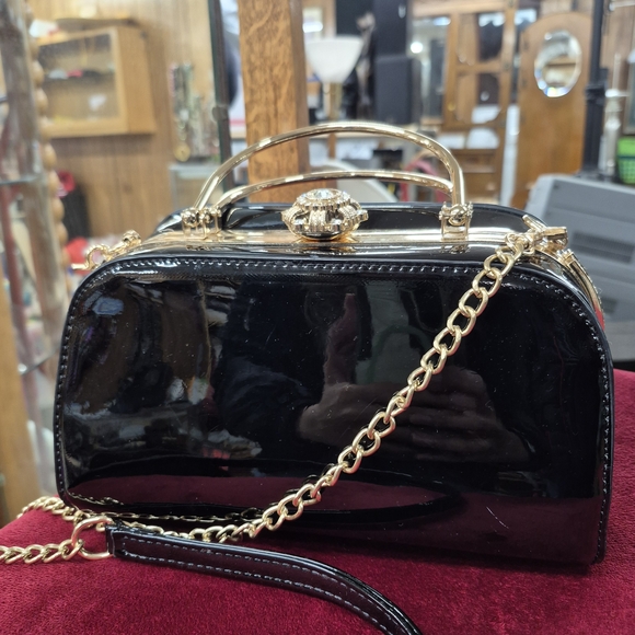 Handbags - Pleather Black and Gold Women's Handbag